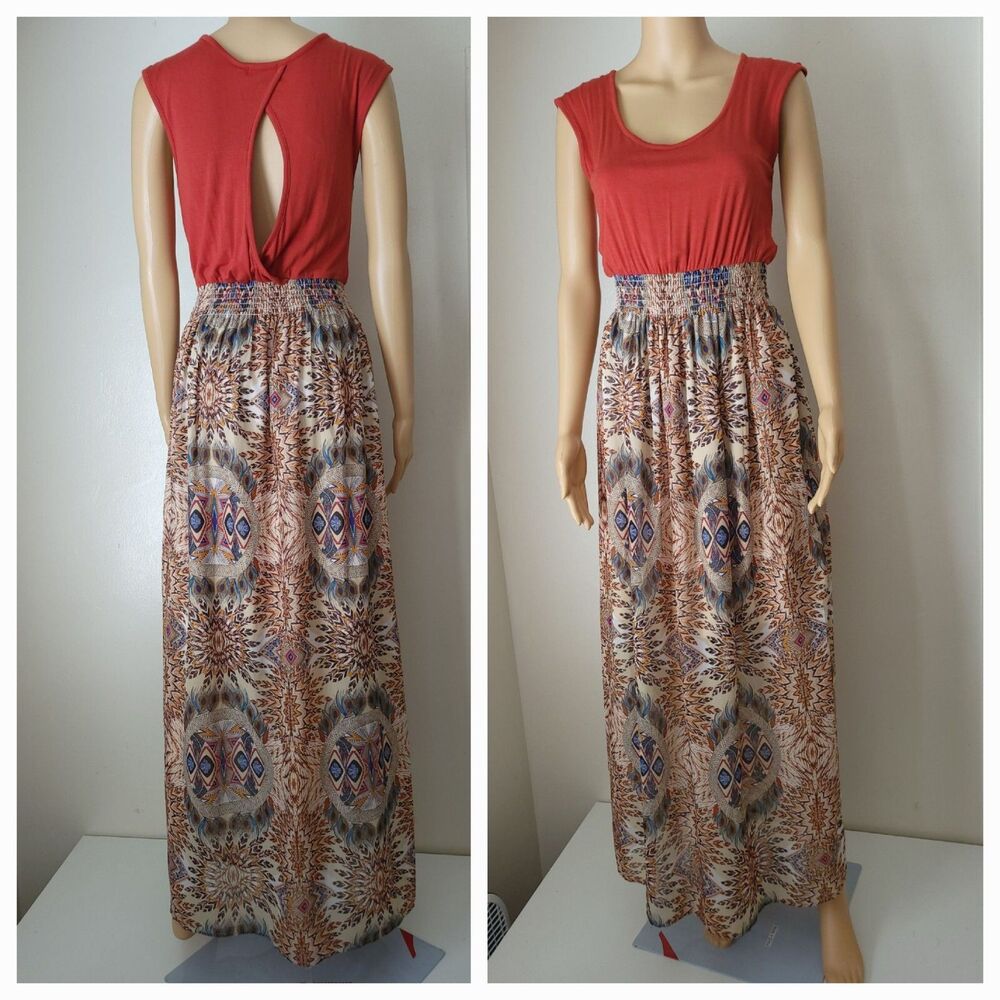M Rebellious Dreamer Maxi Dress Burnt Orange Geometric Designs Open Back